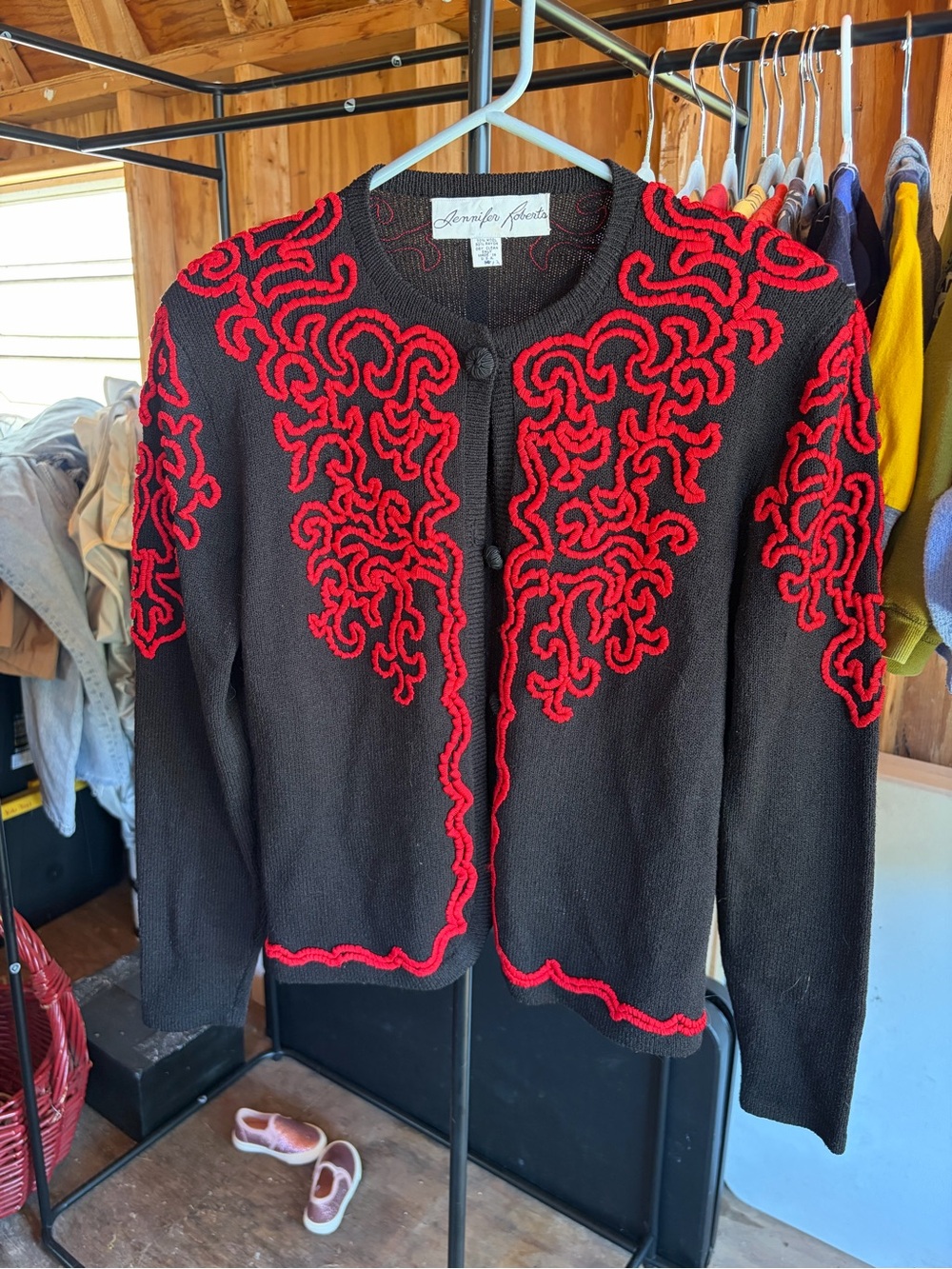 Jennifer Roberts Black Cardigan with Red Embroidered Trim Wool Blend